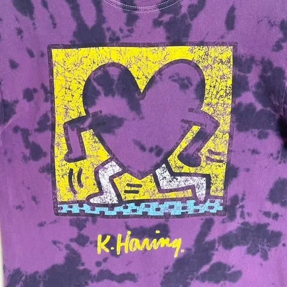 Keith Haring Running Heart Graphic Tie Dye Purple Yellow T Shirt Adult Small - Picture 5 of 9